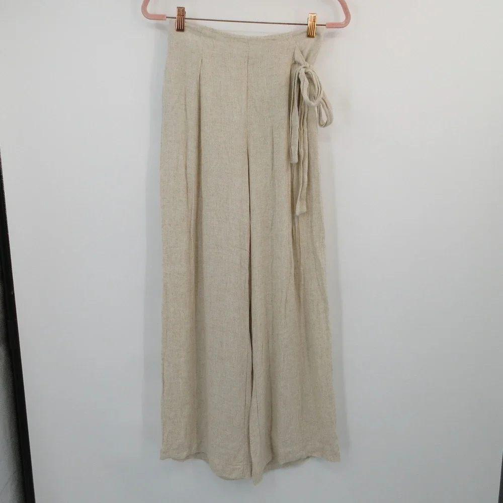 Zara XS Beige Linen Blend High Waist Wide Leg Wrap Tie Trousers Pants Boho